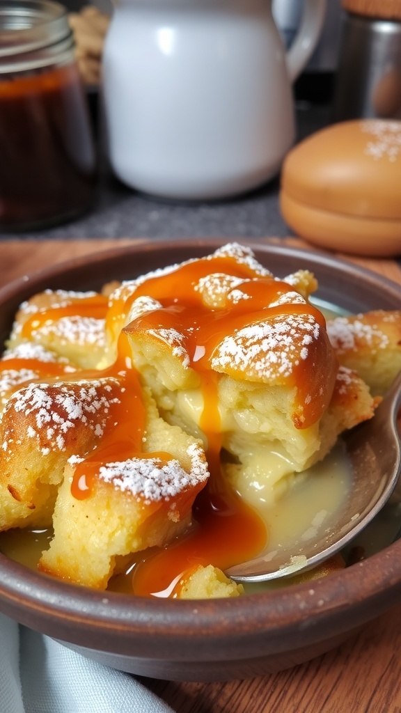 Warm bread pudding topped with powdered sugar and caramel sauce in a rustic bowl.